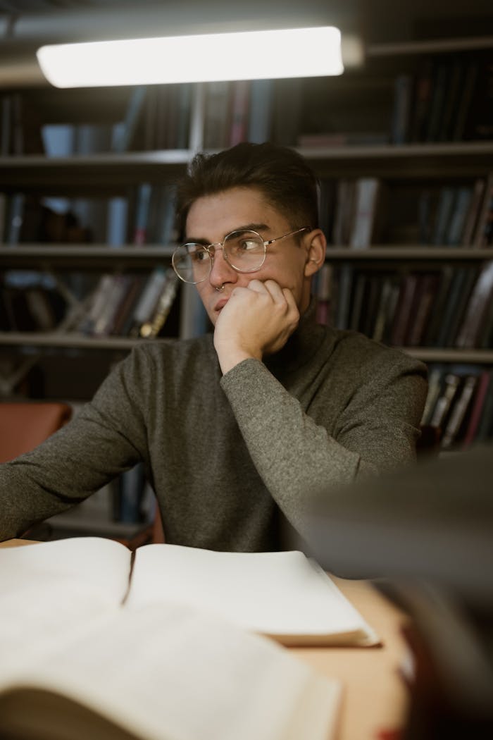 Young man with glasses studying at a library table, deep in thought.